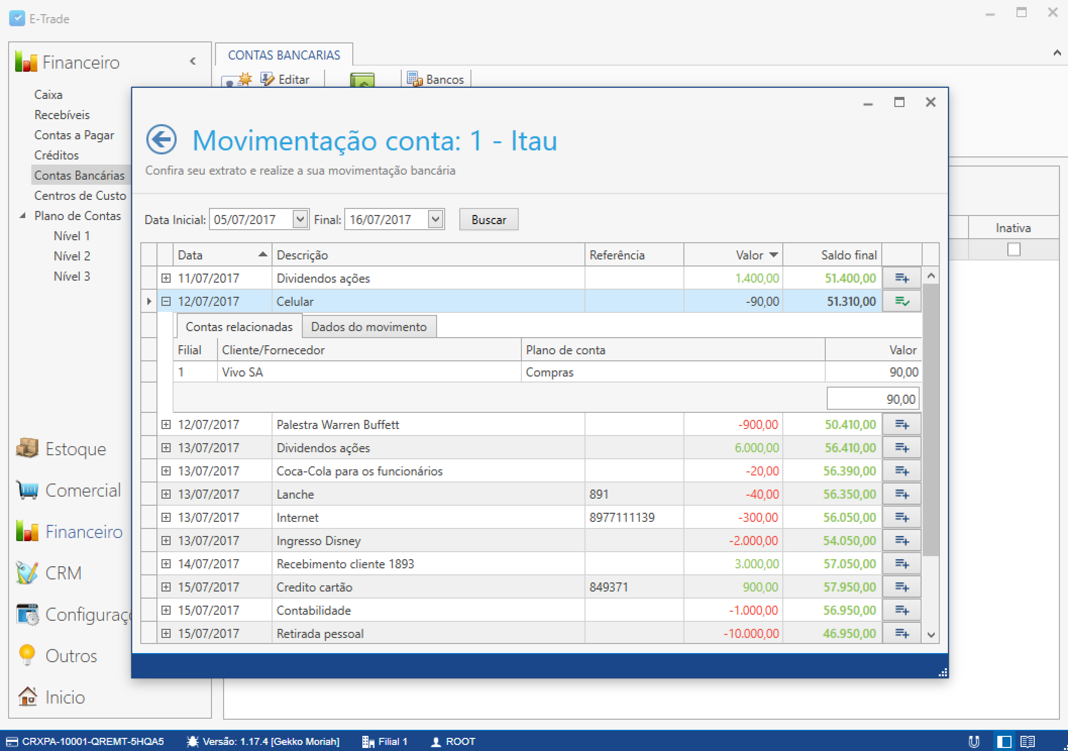 Movimentação de conta bancária